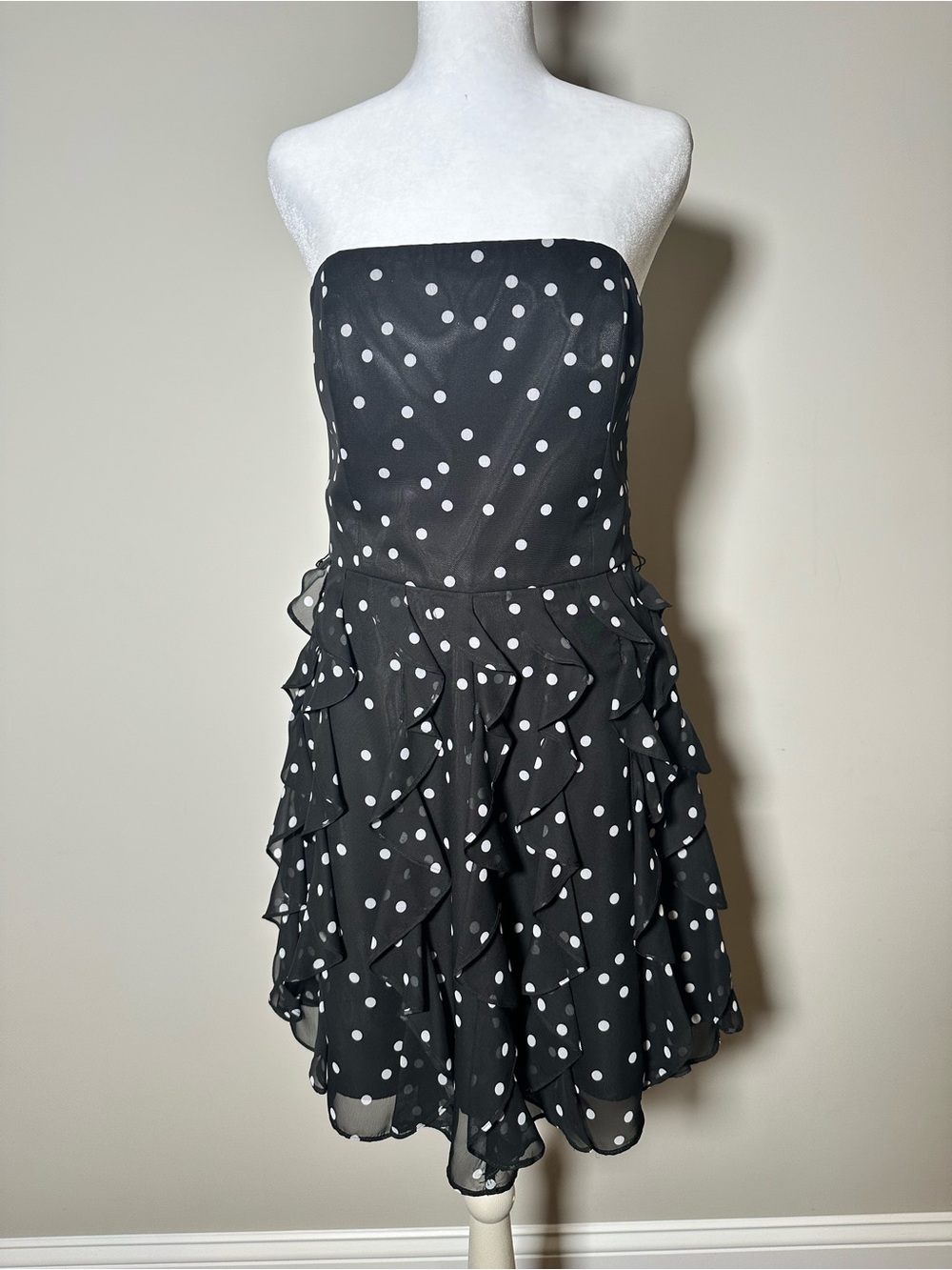 White House Black Market Black and White Polka Dot Strapless Ruffle Dress
